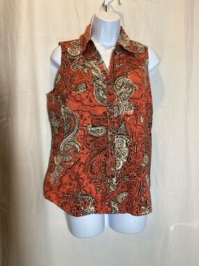 Bass Sleeveless Paisley Button-Front Blouse in Rust and Cream